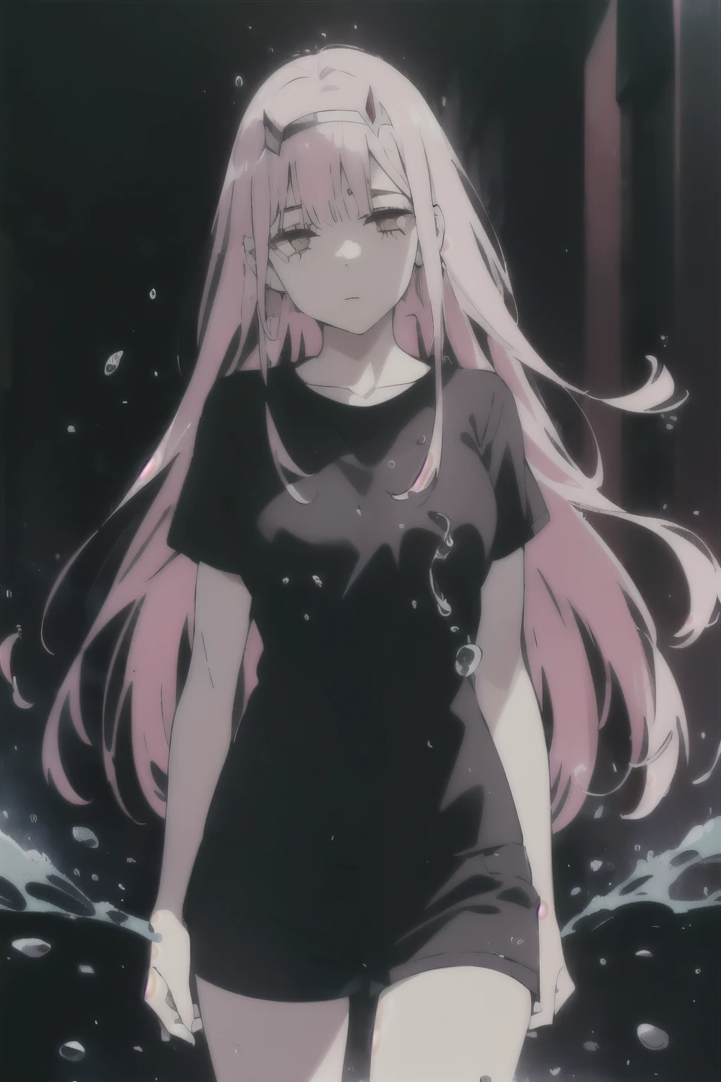 zero two,((((Obra maestra, La mejor calidad, ultrahigh resolution)))), 1girl, happy, standing, black t-shirt, jean shortlack hair, dark black hair over eye:1), long hair cut, pale skin, ((brown eyes)), (glowing_eyes), (ultra detailed eyes:0.7, beautiful and detailed face, detailed eyes:0.9), ((centered)), ((over joyed expression)), ((wide shot)), facing viewer, (((indoor part, purple and black lights, black dancing silhouettes:0.9, rave:1))), medium breasts, looking at viewer, ((half closed eyes)), ((perfect hands)), (((head:1, arms, hips in view, elbows, thighs, in view))), ((hands at sides)), lively eyes, beautiful lighting, outside, outdoors, background, defined subject, 25 years old, (head tilt), (((cool))), ((lively)), (((splash))).pink hair,horn