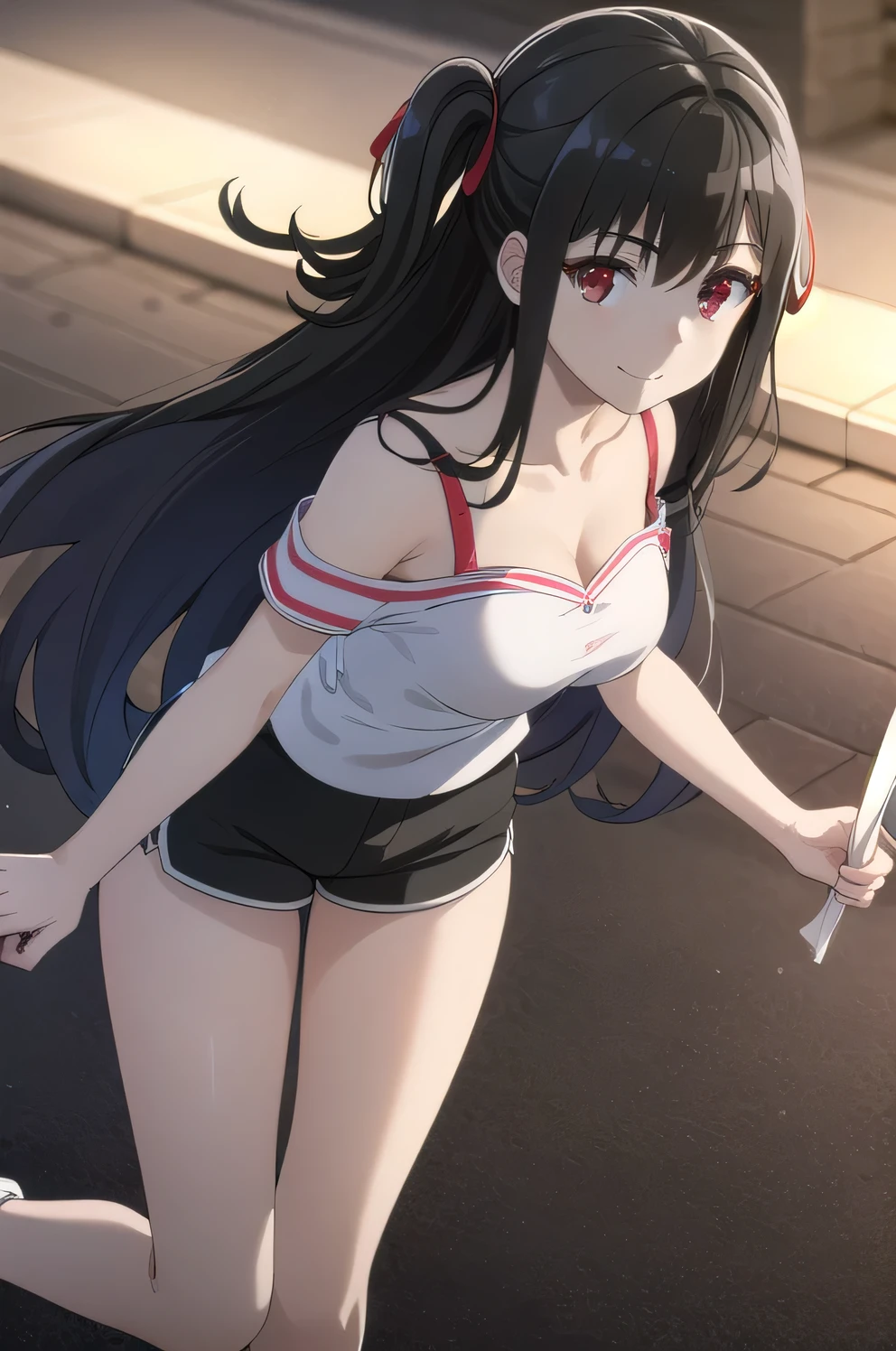 nagisanatsunagi, Summer calm, long hair, black hair, (red eyes:1.3), very long hair, one side up, smile,
break shirt, cleavage, bare shoulders, clavicle, white shirt, shoes, shorts, off shoulder, short shorts, black shorts, White shoes, off shoulderシャツ,
break outdoors,
break looking at viewer, dynamic pose, cowboy shot,
break (masterpiece:1.2), highest quality, High resolution, unity 8k wallpaper, (figure:0.8), (detailed and beautiful eyes:1.6), highly detailed face, perfect lighting, Very detailed CG, (perfect hands, perfect anatomy),