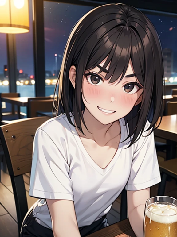 (selfie),nose blush:1.1,Masterpiece, High resolution, High-definition CG Unity 8K,Beautiful and detailed face, detailed hair texture, beautiful face,(1 girl),(black eyes),small breasts, (very short messy brown hair), at night:1.2,break,(evil grin),troubled eyebrows,(at the pub table), (having alcohol),(white V-neck T-shirt),shorts,above shot