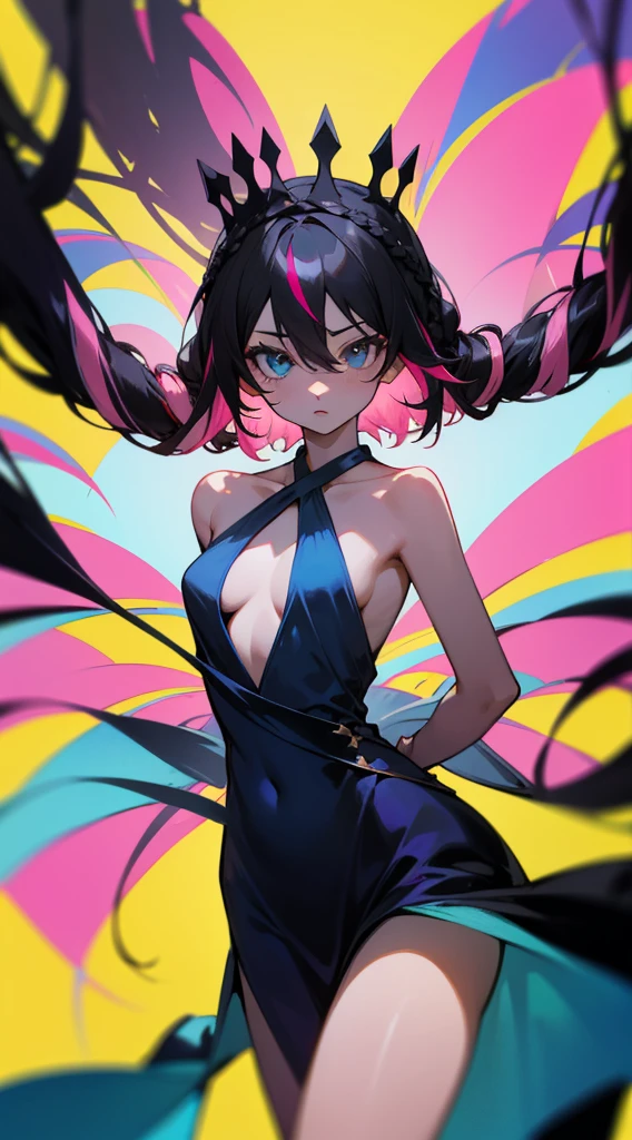 (medium full shot, looking at viewer:1.3), rainbow color combinations, masterpiece, 8k wallpaper, absurdres, best quality, dynamic angle, cinematic lighting, 1girl, (small breasts), cute, delicate, (black hair, pink streaks:1.3), (halter dress, sky blue dress:1.32), long hair, hair between eyes, sidelocks, crown braid, diadem, show shoulders, extremely reflective eyes, (extremely plain background, solid color background, yellow background:1.1)