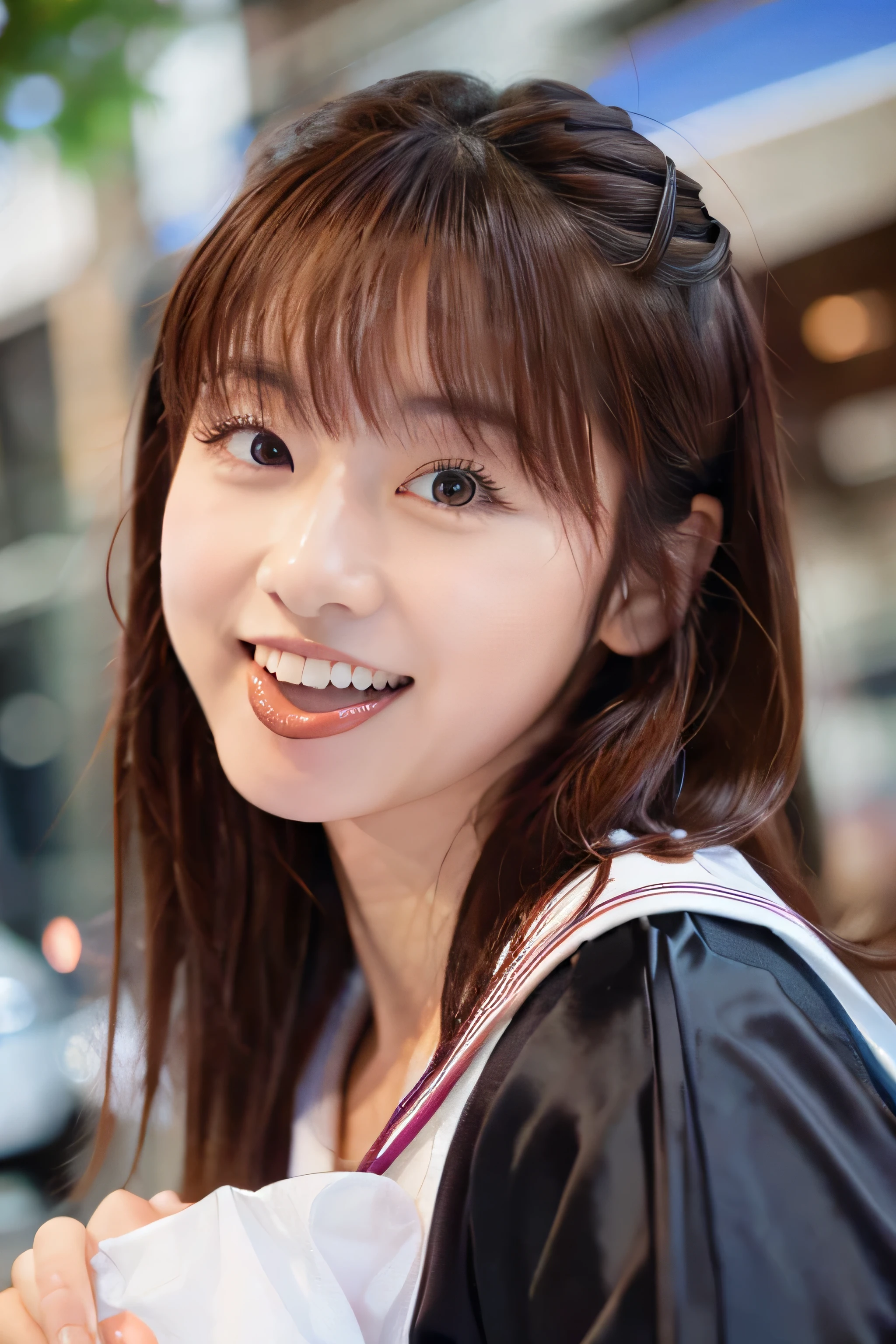 (highest resolution, clear_Image 1.2) 、(Beautiful girl with golden ratio face)、(19 year old girl)、(very vivid eyes、wolf eyes 1.2)、wonderful, high detail, lip gloss、(((The best smile)))、(((best smile)))、(((A bursting smile)))、(((Perfect lol)))、((((tongue licking)))、very beautiful girl、 alone, beautiful girl like a model、(long sleeve sailor suit)、(Very fine pleated scarf）, beautiful and detailed eyes, beautifully detailed nose,