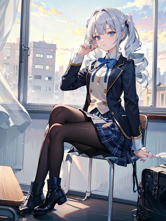 masterpiece, best quality, {best quality}, {{masterpiece}}, {high resolution}, girl,student,Uniforms,jk ,blue plaid skirt,white hair,cute,1girl,Small black boots,white pantyhose,beauty,big blue eyes,Long, curly twin tails,sitting at a desk by a window in a bright classroom