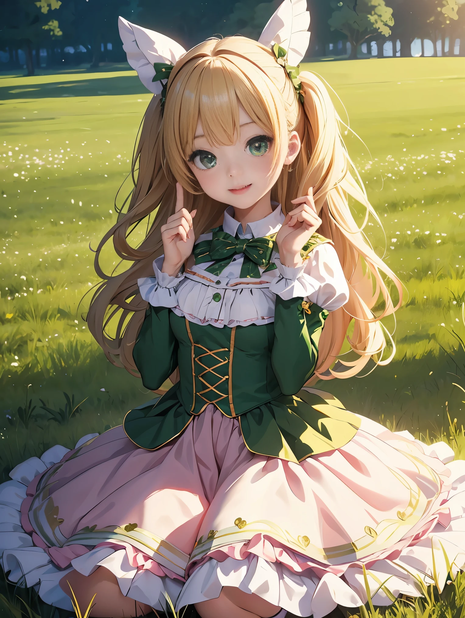 top-quality、8K Masterpiece、Draw the face in detail、1 ish girl、Lolita costume、Full body、kawaii pose、professional lighting、Happy expression、Shiny hair、perfect anatomy、In a green meadow