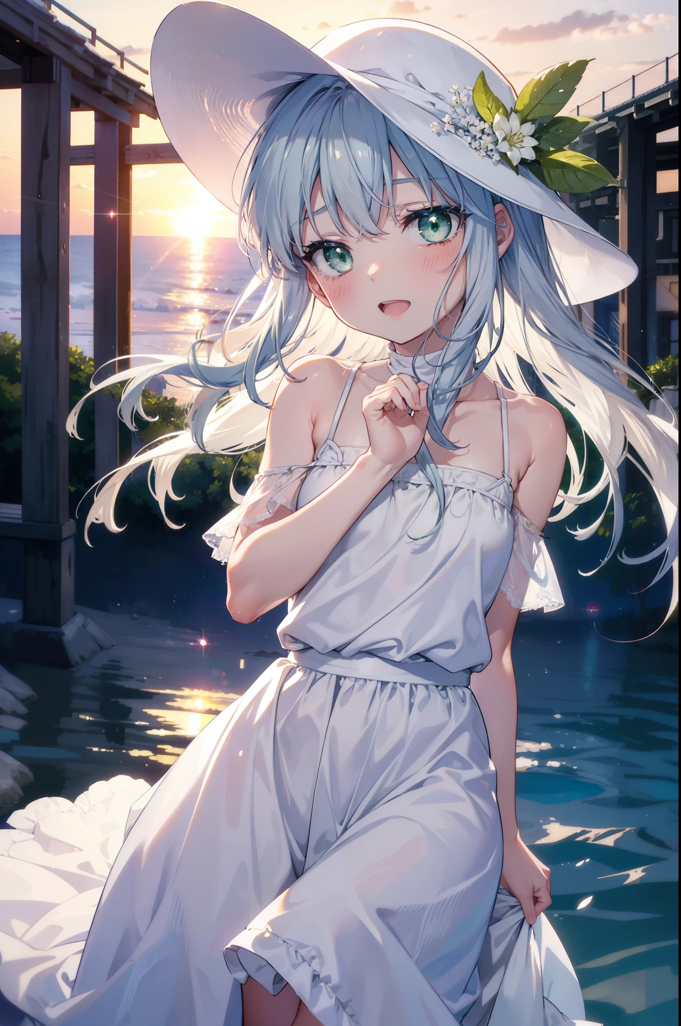 index, index, (green eyes:1.5), silver hair, long hair, (flat chest:1.2),white hat,白色ロングskirt一体型ワンピース,barefoot,skirt,naked neck,bare clavicle,bare shoulders,bare arms,happy smile, smile, open your mouth,beachのsandy beachを散歩しながら、Silver hair fluttering in the breeze, sunset,evening,The sun is setting,
break looking at viewer, Upper body, whole body,(cowboy shot:1. 5)
break ourdoors, beach,sandy beach,
break (masterpiece:1.2), highest quality, High resolution, unity 8k wallpaper, (figure:0.8), (detailed and beautiful eyes:1.6), highly detailed face, perfect lighting, Very detailed CG, (perfect hands, perfect anatomy),