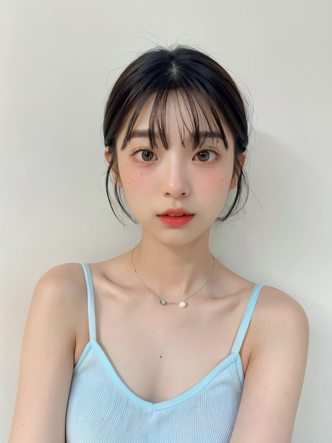 see-through tops、、camisole、(背景にwhite wall、Some of her hair is sky blue:1.4)、white wall、Taken in front of the white door、(窓のあるwhite wallの部屋)、((highest quality、8K、masterpiece:1.3))、ultra high resolution、(photogenuineistic:1.4)、RAW photo、Japanese,(face)、genuine、Photographed in natural light、Highly detailed face and skin texture、highly detailed lips、correct state of the human body、short cut hair、black hair、various poses、natural color lip、from the front、close up of face、facing forward