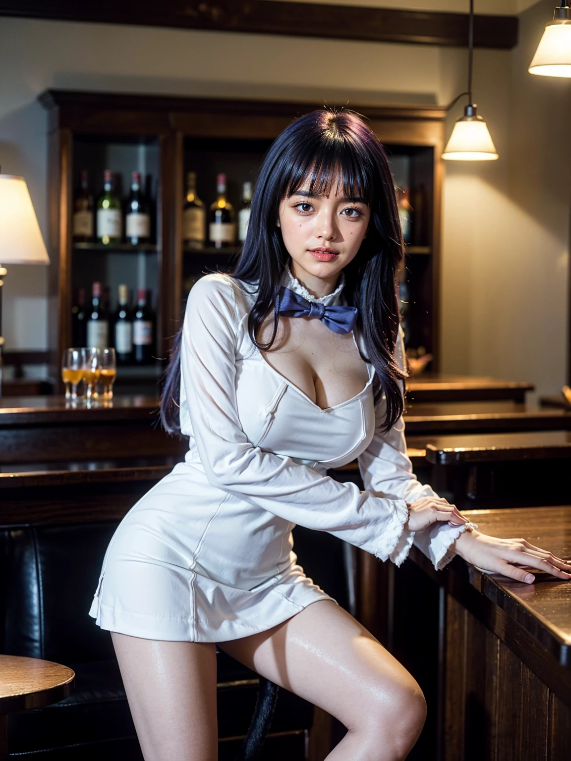 (1 lady), (Best quality at best:1.4), (ultra - detailed), (extremely detailed CG unified 16k), A Beautiful Woman with Perfect Figure: 1.4, Sharp Focus: 1.2, purple hair, very detailed, High-definition RAW color photo, professional photoshooting, amazing face and eyes, cosmetics, (amazingly beautiful girl), ((frederica bernkastel)), ((urban dot pattern camo dress, bowtie, mary janes, socks, cat tail, tail bow, tail ornament)), standing, sexyposture,(Dark and stylish bar, drinks, lamp lights, lamp lights:1.3), (look from down), realistic cinematic face, head to feet long wide zoomed out view, full body long view, photorealistic, ((realistic natural purple hair style, purple eyes)), gorgeous, extremely beautiful face, perfect model beauty, pout mouth, Highly Detailed Face and Skin Texture, Detailed Eyes, Double Eyelids, Big Breasts, Smile, flirting smile, cleavages, western, (masterpiece), best quality, high resolution, extremely detailed, blurred background, depth of field, cinematic lighting, amazing legs, high heels, clear and well-cared skin, (((focus on the girl instead of background, girl occupies most of the picture)))