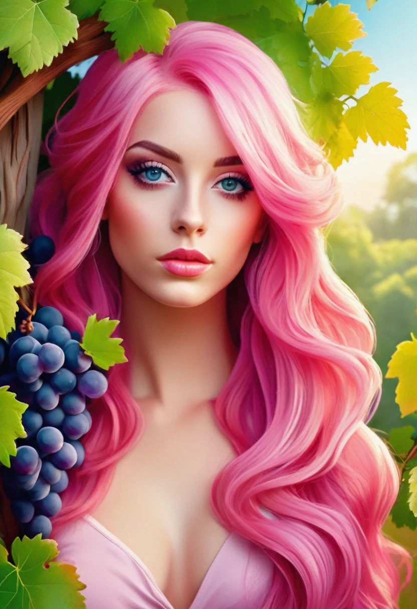 a beautiful girl with beautiful eyes, with pink hair, stands near trees with grapes. stylization, 16k, illustration, composition