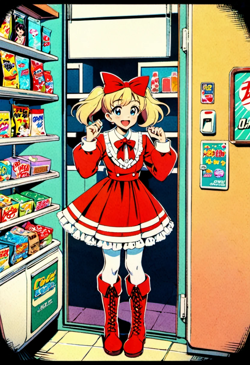 Candy Candy\' by Toei Animation, detailed art style, vintage aesthetic, emotional melodrama, inspired by Keiko Nagita and Yumiko Igarashi's original manga, in a midnight convenience store, Candy Candy\' by Toei Animation, detailed art style, vintage aesthetic, emotional melodrama, inspired by Keiko Nagita and Yumiko Igarashi's original manga, dress, blonde_hair, twintails, boots, flower, bow, open_mouth, red_dress, hair_bow, frills, retro_artstyle, ribbon, smile, blue_eyes, long_hair, long_sleeves, full_body