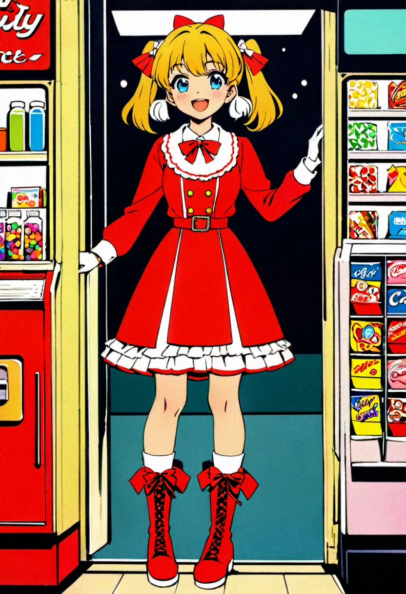 Candy Candy\' by Toei Animation, detailed art style, vintage aesthetic, emotional melodrama, inspired by Keiko Nagita and Yumiko Igarashi's original manga, in a midnight convenience store, Candy Candy\' by Toei Animation, detailed art style, vintage aesthetic, emotional melodrama, inspired by Keiko Nagita and Yumiko Igarashi's original manga, dress, blonde_hair, twintails, boots, flower, bow, open_mouth, red_dress, hair_bow, frills, retro_artstyle, ribbon, smile, blue_eyes, long_hair, long_sleeves, full_body