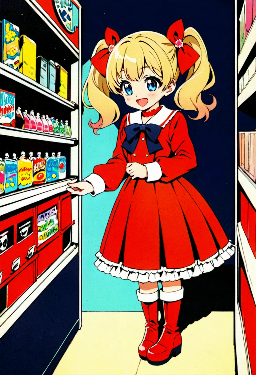 Candy Candy\' by Toei Animation, detailed art style, vintage aesthetic, emotional melodrama, inspired by Keiko Nagita and Yumiko Igarashi's original manga, in a midnight convenience store, Candy Candy\' by Toei Animation, detailed art style, vintage aesthetic, emotional melodrama, inspired by Keiko Nagita and Yumiko Igarashi's original manga, dress, blonde_hair, twintails, boots, flower, bow, open_mouth, red_dress, hair_bow, frills, retro_artstyle, ribbon, smile, blue_eyes, long_hair, long_sleeves, full_body