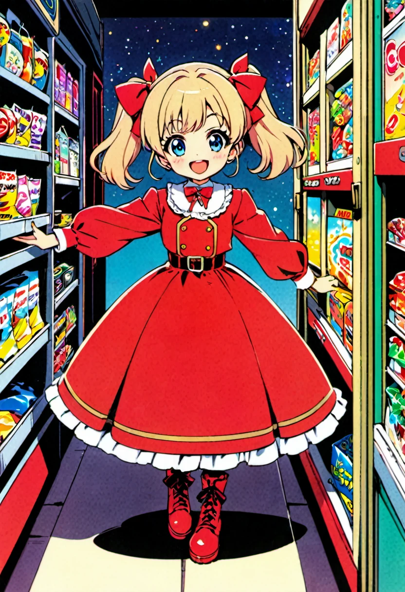 Candy Candy\' by Toei Animation, detailed art style, vintage aesthetic, emotional melodrama, inspired by Keiko Nagita and Yumiko Igarashi's original manga, in a midnight convenience store, Candy Candy\' by Toei Animation, detailed art style, vintage aesthetic, emotional melodrama, inspired by Keiko Nagita and Yumiko Igarashi's original manga, dress, blonde_hair, twintails, boots, flower, bow, open_mouth, red_dress, hair_bow, frills, retro_artstyle, ribbon, smile, blue_eyes, long_hair, long_sleeves, full_body