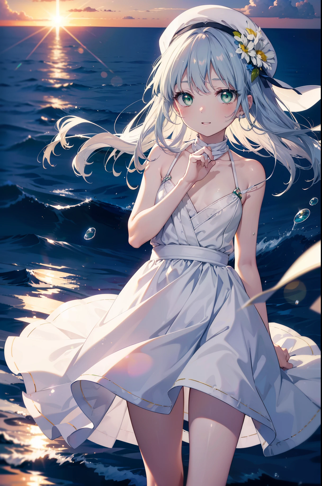 index, index, (green eyes:1.5), silver hair, long hair, (flat chest:1.2),white hat,白色ロングskirt一体型ワンピース,barefoot,skirt,naked neck,bare clavicle,bare shoulders,bare arms,happy smile, smile, open your mouth,beachのsandy beachを散歩しながら、Silver hair fluttering in the breeze, sunset,evening,The sun is setting,
break looking at viewer, Upper body, whole body,(cowboy shot:1. 5)
break ourdoors, beach,sandy beach,
break (masterpiece:1.2), highest quality, High resolution, unity 8k wallpaper, (figure:0.8), (detailed and beautiful eyes:1.6), highly detailed face, perfect lighting, Very detailed CG, (perfect hands, perfect anatomy),