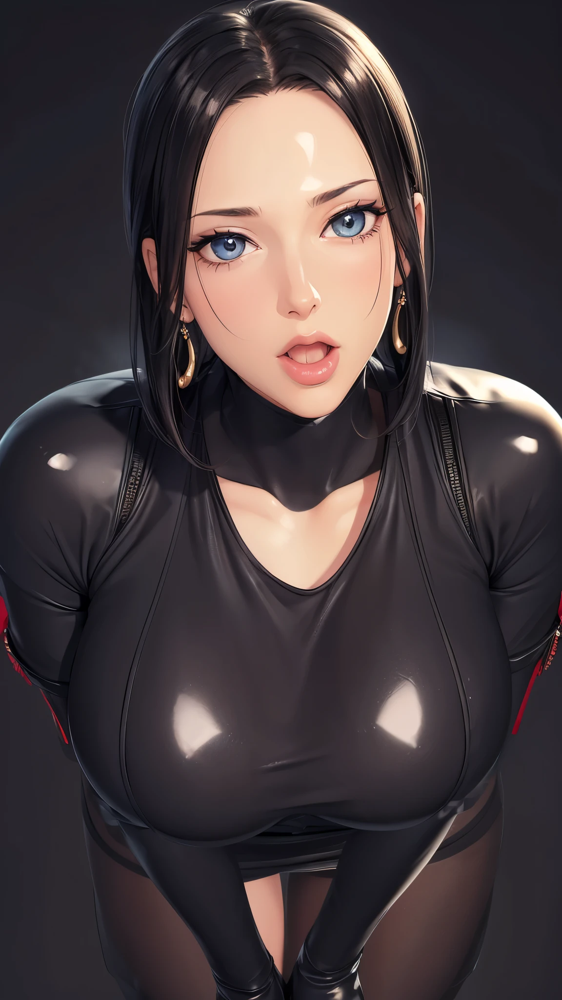 （（（完美figure，figure，Black tight fitting leather clothing, black leather clothing, leather clothing, reflective clothing， （（（boa hancock，Dark long hair, combed with a chiffon hairstyle, slightly wide forehead smooth and flat, deep blue eyes, slender and delicate corners of the eyes, almond eyes exuding a hint of coldness, nose bridge high and straight, nose small and delicate, lips soft without any wrinkles. Wearing a pair of snake shaped golden earrings under the ears）））((masterpiece)),high resolution, ((Best quality at best))，masterpiece，quality，Best quality，（（（ Exquisite facial features，looking at the audience,There is light in the eyes，(sticking out tongue, opening mouth)，））），型figure:1.7））），（（（Interlacing of light and shadow，huge boobs））），（（（looking into camera，black background，)）））