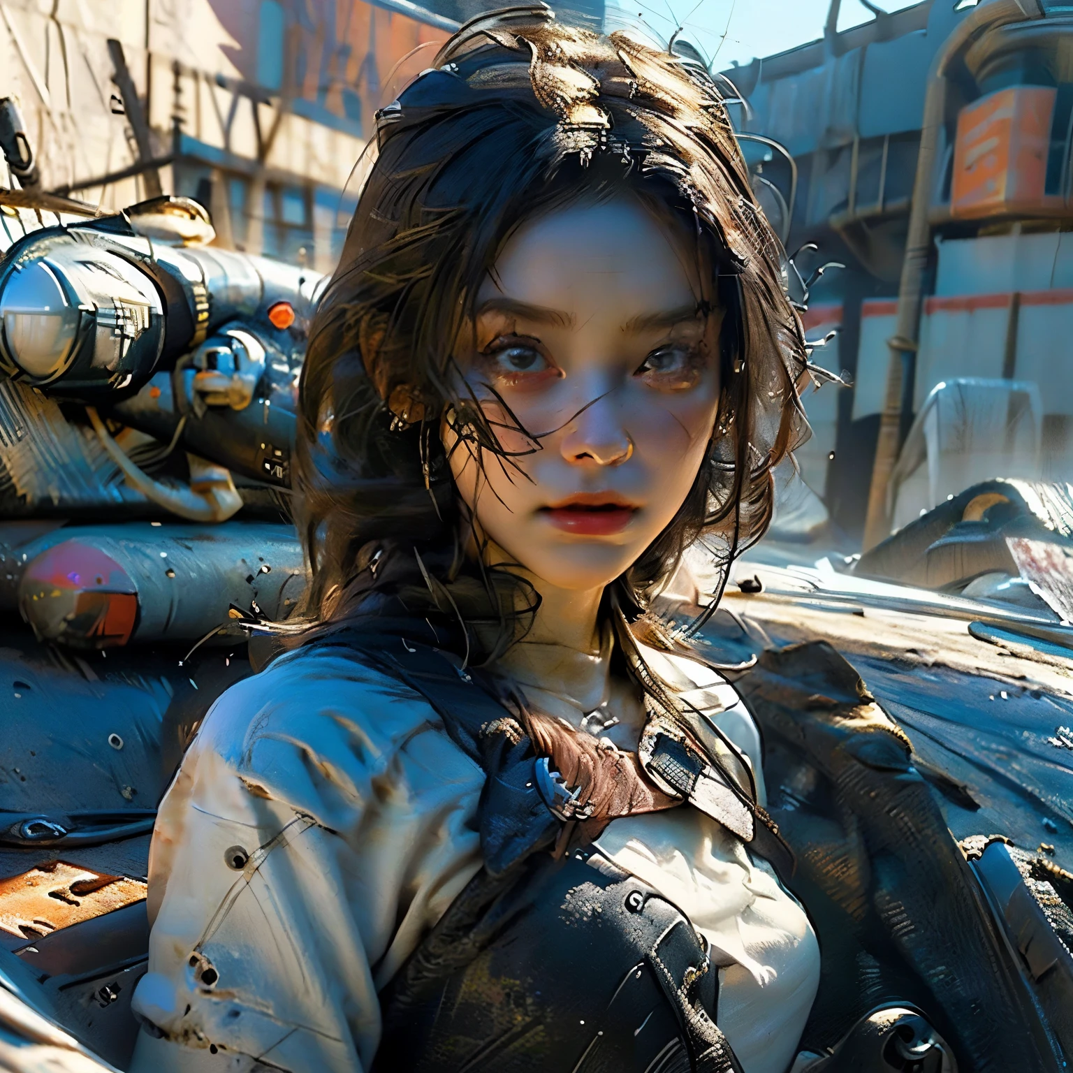((best quality)), ((masterpiece)), (detailed), perfect face, young girl, mad max worlds, arid desert, large breast, holding riffle, standing tall