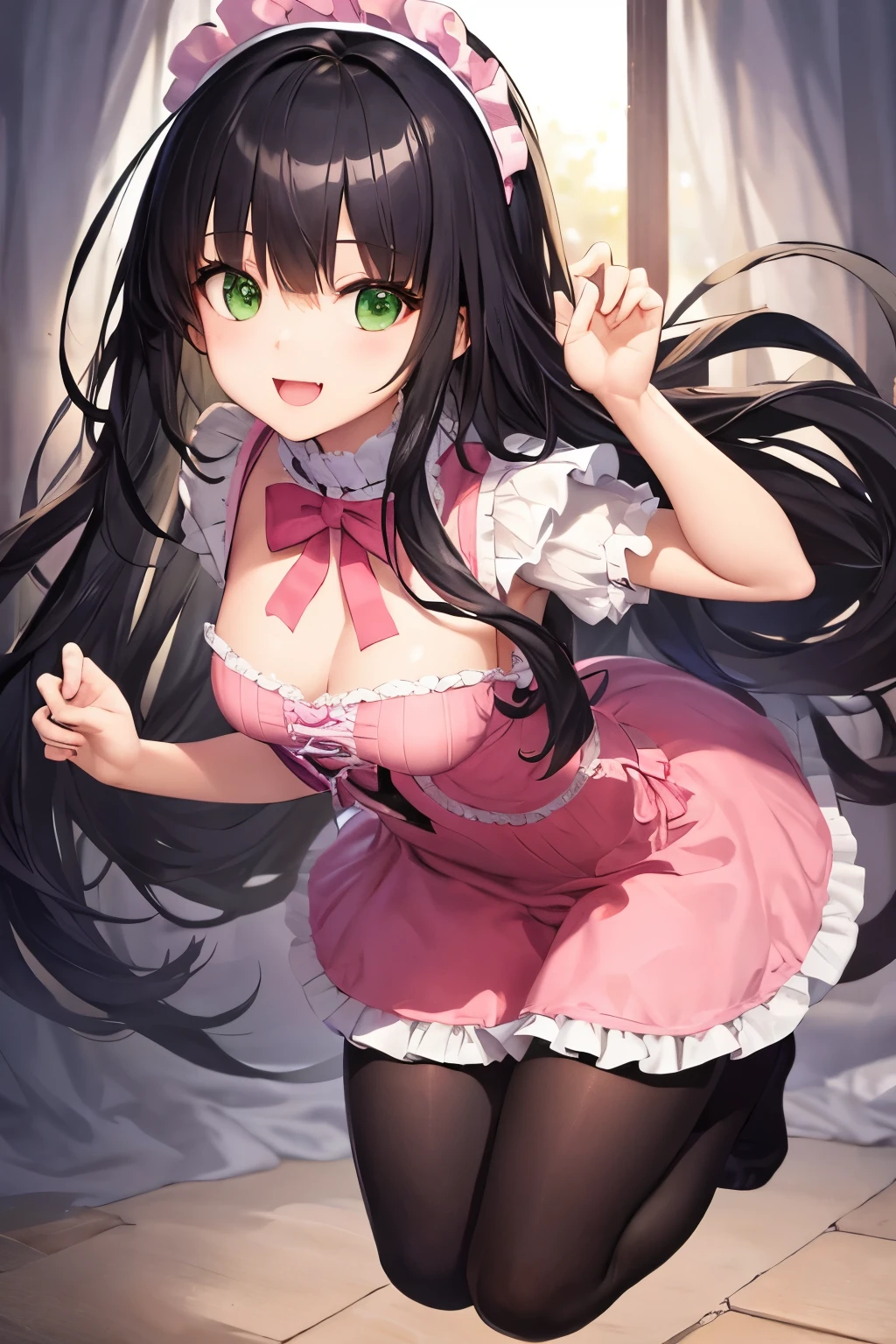 nsfw,Black Hair,green eyes,hair above one eye,twin tails,tights, (ゴス), beret,ribbon,(masterpiece,Highest image quality,best quality),simple background