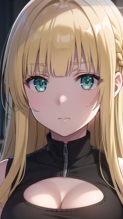 Charlotte Arisaka Anderson, Charlotte Arisaka Anderson, long hair, bangs, blonde hair, (green eyes:1.3), Braid, hair intake, french Braid,, cleavage cutout, break indoors, break looking at viewer, break (masterpiece:1.2), highest quality, High resolution, unity 8k wallpaper, (figure:0.8), (detailed and beautiful eyes:1.6), highly detailed face, perfect lighting, Very detailed CG, (perfect hands, perfect anatomy),