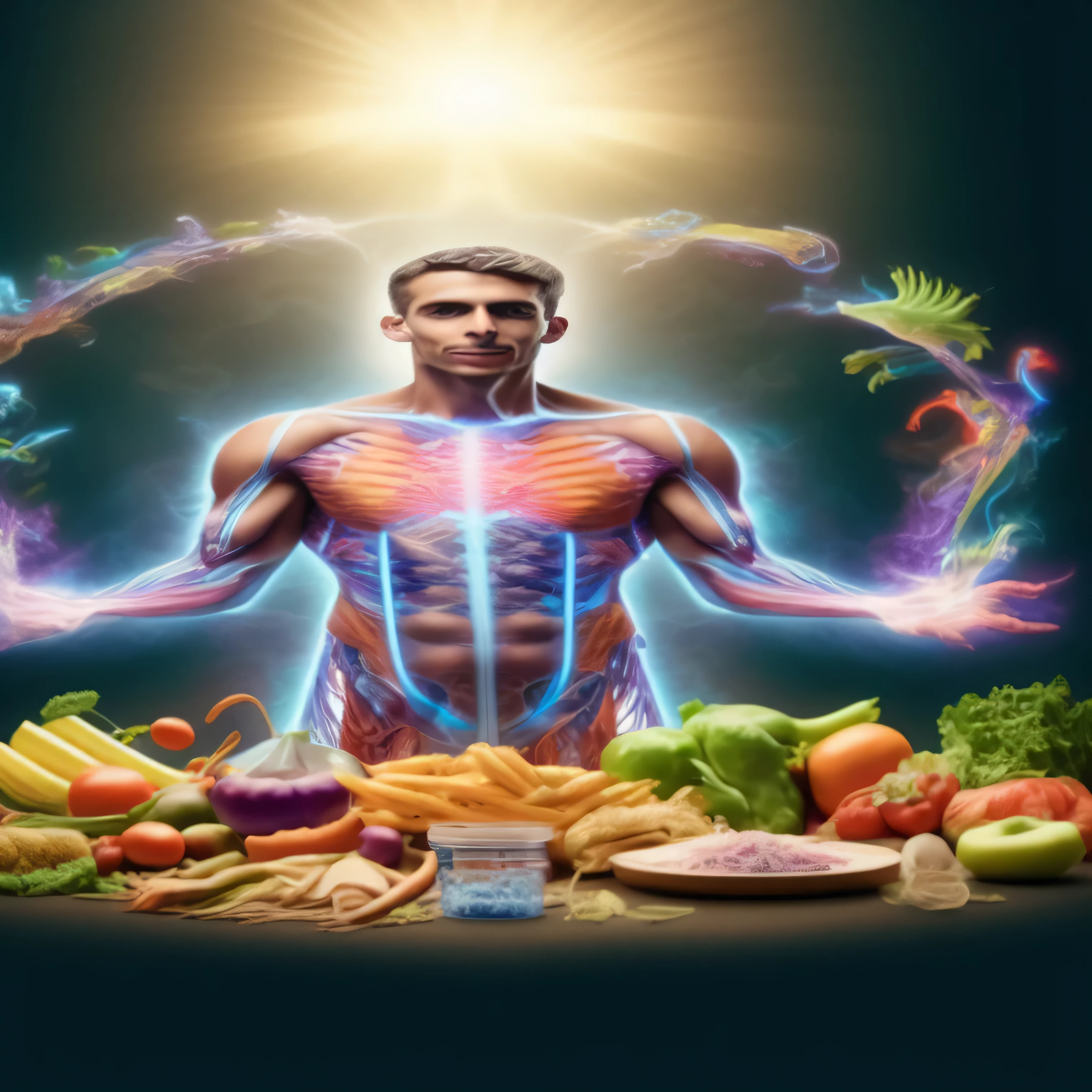 a man with a lot of food and energy in his hands, psychedelic organic cyborg, skinny male fantasy scientist, energy body, inspired by David LaChapelle, transhumanism, transhumanist, upper body avatar, hyperrealistic anatomy, entire body, vivid colors anatomical, organic cyborg, biohacking, human body with dragon features, human body plan
