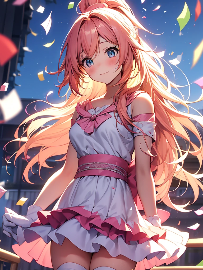 official artwork, anime visual of a cute girl, beautiful anime, pastel colors:1.5, lens flare abuse:1.4, sunlight:1.7, idol, , 14-yo, ,
1girl, long hair, Glowing light blonde-orange hair, ponytail, wavy sidelocks, Blue pupils, twinkle in the eye, sweet girl, the whole thing is shining, big eyes:1.8, White short dress, frills, shortsleeves, pink layered skirt, light-pink knee boots, (light pink gloves), pink sash, Purple-silver earrings:1.6,
blurry background:1.4, (flare, backscatter), bokeh, depth of field, light particles:1.7, ((colorful confetti:1.2)),
