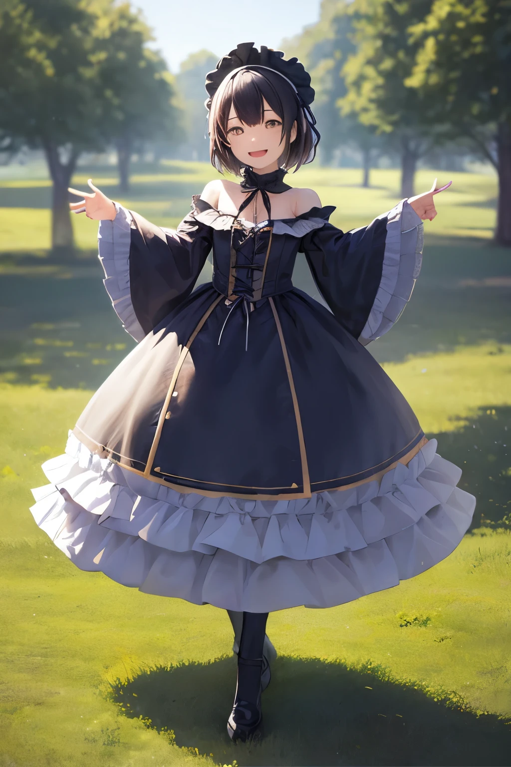 top-quality、8K Masterpiece、Draw the face in detail、1 ish girl、Lolita costume、Full body、kawaii pose、professional lighting、Happy expression、Shiny hair、perfect anatomy、In a green meadow