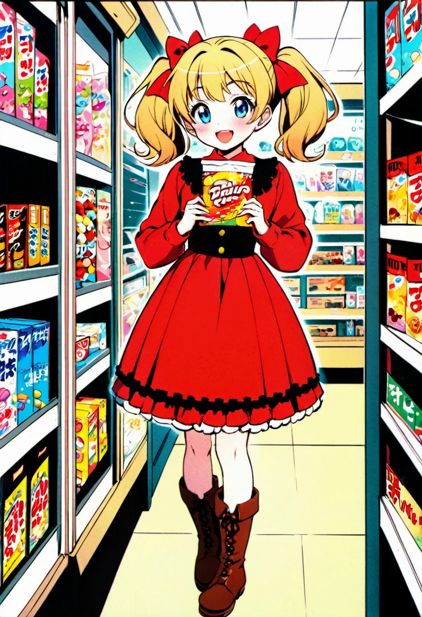 Candy Candy\' by Toei Animation, detailed art style, vintage aesthetic, emotional melodrama, inspired by Keiko Nagita and Yumiko Igarashi's original manga, in a midnight convenience store, Candy Candy\' by Toei Animation, detailed art style, vintage aesthetic, emotional melodrama, inspired by Keiko Nagita and Yumiko Igarashi's original manga, dress, blonde_hair, twintails, boots, flower, bow, open_mouth, red_dress, hair_bow, frills, retro_artstyle, ribbon, smile, blue_eyes, long_hair, long_sleeves, full_body
