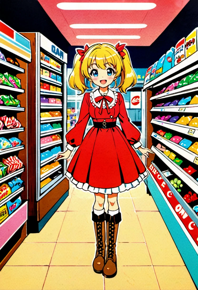 Candy Candy\' by Toei Animation, detailed art style, vintage aesthetic, emotional melodrama, inspired by Keiko Nagita and Yumiko Igarashi's original manga, in a midnight convenience store, Candy Candy\' by Toei Animation, detailed art style, vintage aesthetic, emotional melodrama, inspired by Keiko Nagita and Yumiko Igarashi's original manga, dress, blonde_hair, twintails, boots, flower, bow, open_mouth, red_dress, hair_bow, frills, retro_artstyle, ribbon, smile, blue_eyes, long_hair, long_sleeves, full_body