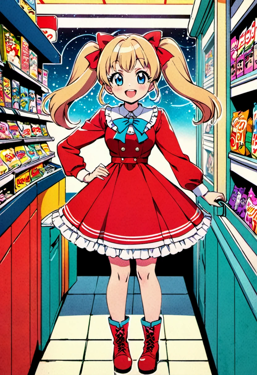 Candy Candy\' by Toei Animation, detailed art style, vintage aesthetic, emotional melodrama, inspired by Keiko Nagita and Yumiko Igarashi's original manga, in a midnight convenience store, Candy Candy\' by Toei Animation, detailed art style, vintage aesthetic, emotional melodrama, inspired by Keiko Nagita and Yumiko Igarashi's original manga, dress, blonde_hair, twintails, boots, flower, bow, open_mouth, red_dress, hair_bow, frills, retro_artstyle, ribbon, smile, blue_eyes, long_hair, long_sleeves, full_body