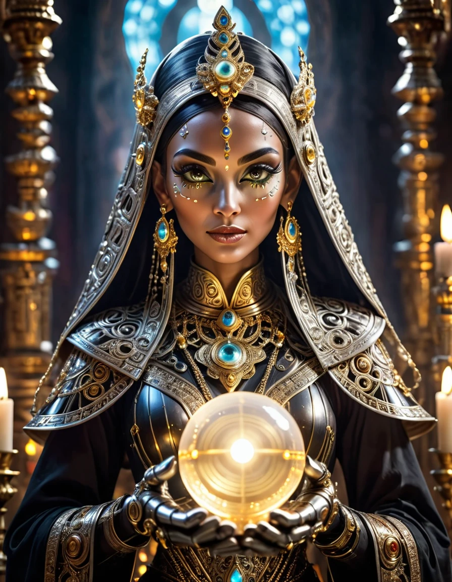 Create a picture of a beautiful female ancient priest cyborg with delicate and precise hands, holding a tiny glowing crystal orb, shiny gold-silver-platinum alloy mask face, insanely detailed and intricate Jepara style carvings, shallow depth of field, bustling neon-lit background, in front of an ancient, mysterious altar, surrounded by candles for an otherworldly atmosphere