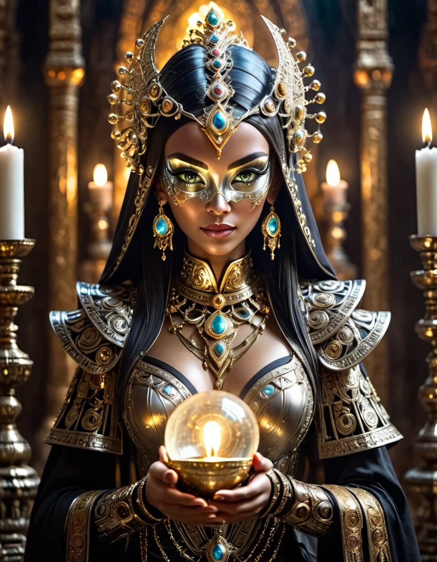 Create a picture of a beautiful female ancient priest cyborg with delicate and precise hands, holding a tiny glowing crystal orb, shiny gold-silver-platinum alloy mask face, insanely detailed and intricate Jepara style carvings, shallow depth of field, bustling neon-lit background, in front of an ancient, mysterious altar, surrounded by candles for an otherworldly atmosphere