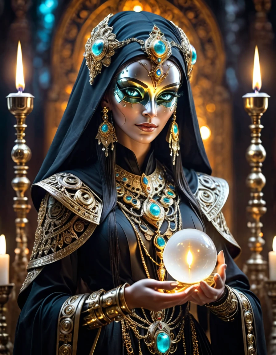 Create a picture of a beautiful female ancient priest cyborg with delicate and precise hands, holding a tiny glowing crystal orb, shiny gold-silver-platinum alloy mask face, insanely detailed and intricate Jepara style carvings, shallow depth of field, bustling neon-lit background, in front of an ancient, mysterious altar, surrounded by candles for an otherworldly atmosphere