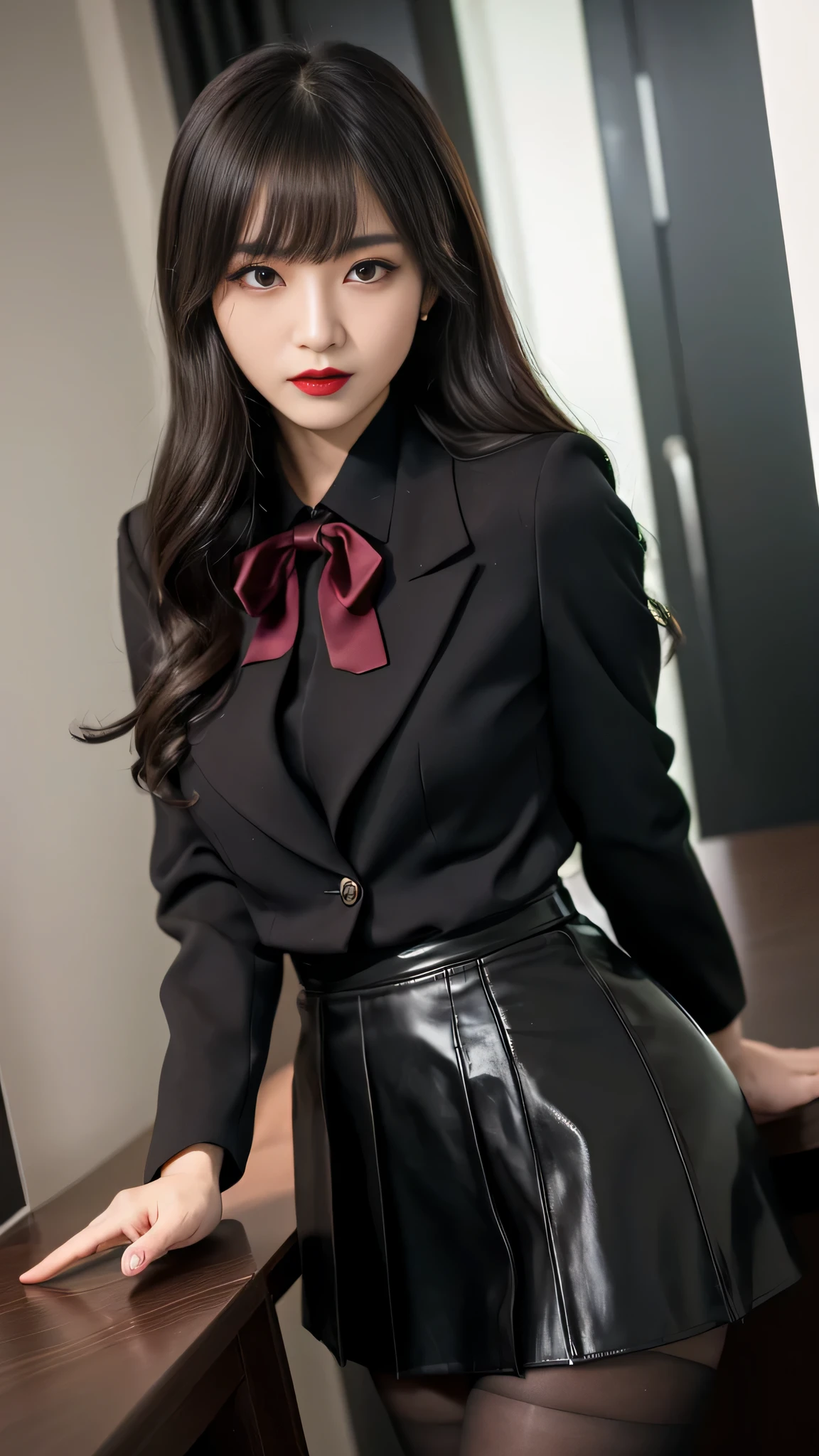 tra-detailed、Japanese、attractive beauty、seductive adult woman、pretty woman、piercing eyes、cool girl、wavy hair、swept bangs、suit、Jacket、blouse、ribbon、Tight Skirt、skincolor pantyhose、Glossy legs、Evil cadres、evil depravity、brainwash、mind control、lipstick、lip gloss、dark makeup、smirk、Whisper in my ear、Evil expression、evil、hollow eyes,half-closed eyes、empty eyes、evil、night room、dark room、vampire、succubus、vampire、Swear allegiance、stand、