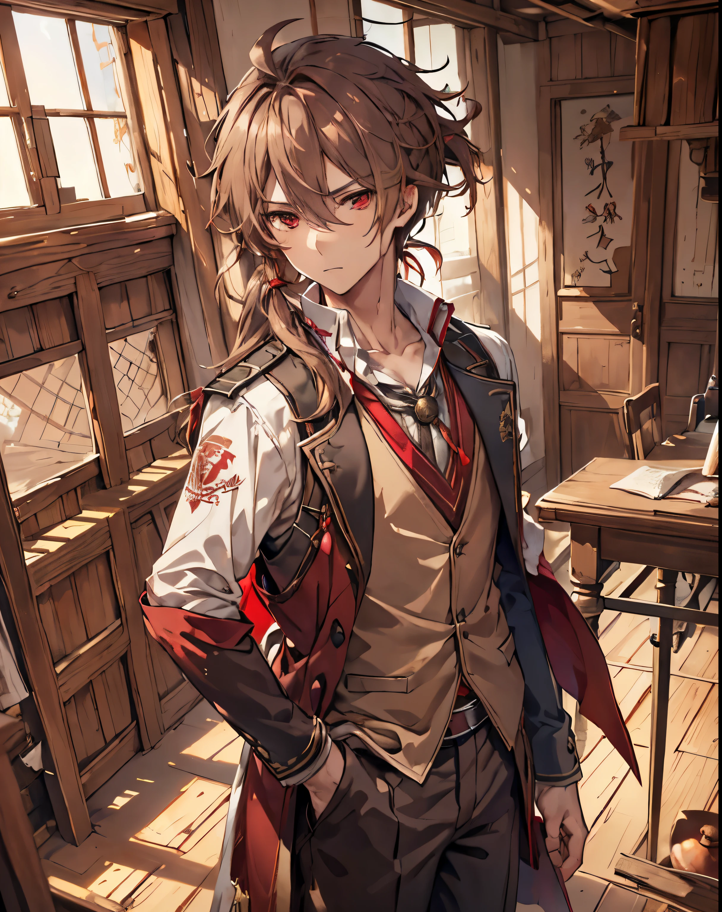 masterpiece, 1men, sparrow, a brown haired men, wearing a noble scholar clothes, medium hair, messy hair, slim body, wearing noble clothes, he close her left eye, shirt ornament, serious expression, red eyes, stand at forest, ahoge, red scholar uniform, low ponytail, adult