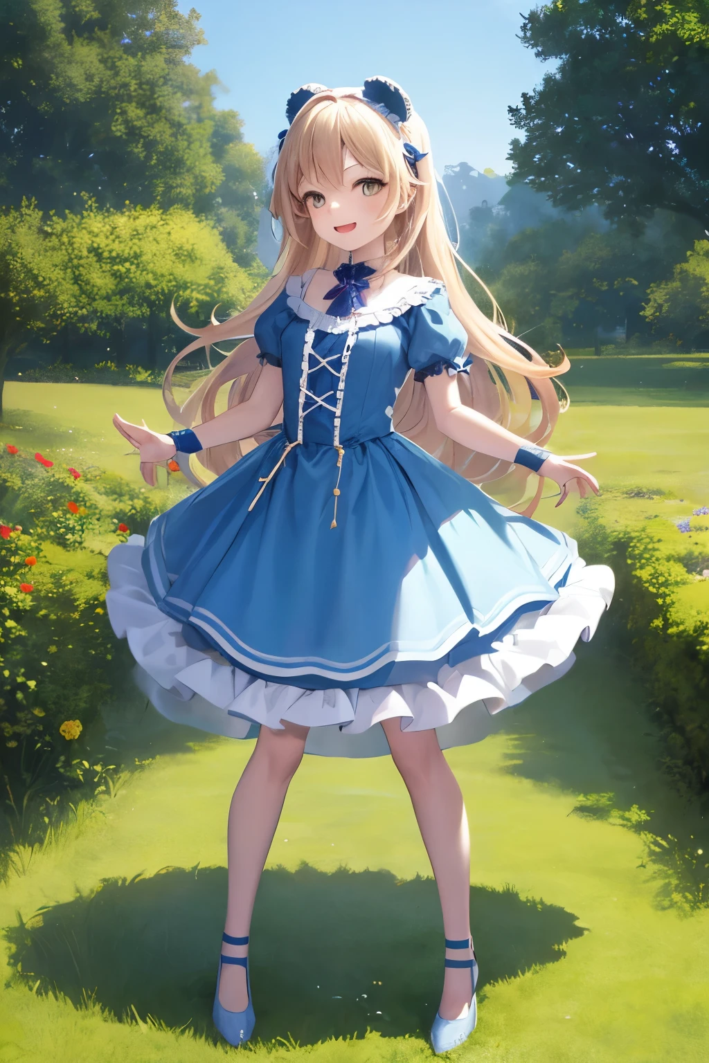 top-quality、​8K Masterpiece、Draw the face in detail、1 childish girl、Lolita costume、Full body、kawaii pose、professional lighting、Happy expression、Shiny hair、perfect anatomy、In a green meadow
