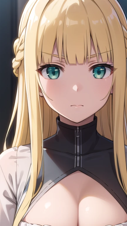 Charlotte Arisaka Anderson, Charlotte Arisaka Anderson, long hair, bangs, blonde hair, (green eyes:1.3), Braid, hair intake, french Braid,, cleavage cutout, break indoors, break looking at viewer, break (masterpiece:1.2), highest quality, High resolution, unity 8k wallpaper, (figure:0.8), (detailed and beautiful eyes:1.6), highly detailed face, perfect lighting, Very detailed CG, (perfect hands, perfect anatomy),