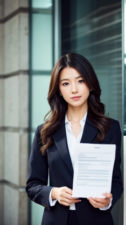 Set priorities、woman wearing a suit、highest quality、Thinking with documents in hand