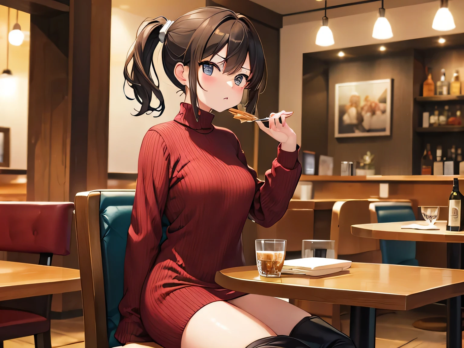 (masterpiece、highest quality、High resolution、realistic pictures、real looking skin:1.1)、
(A woman is sitting at a table in a pasta restaurant:1.8)、
(She is glaring at me and is angry.:1.8)、
(She is wearing a wine red long sleeve turtleneck knit mini dress:1.5)、
(This casual knit dress is made of ribbed material to flatter your body lines.:1.5)、
(She is wearing black knee-length boots:1.5)、
(brown medium ponytail:1.5)、
(The location was a chair at a table in a pasta restaurant.:1.5)、
1 Japanese girl、solo、full body esbian、beautiful eyes、shining eyes、Shining thighs、NSFW