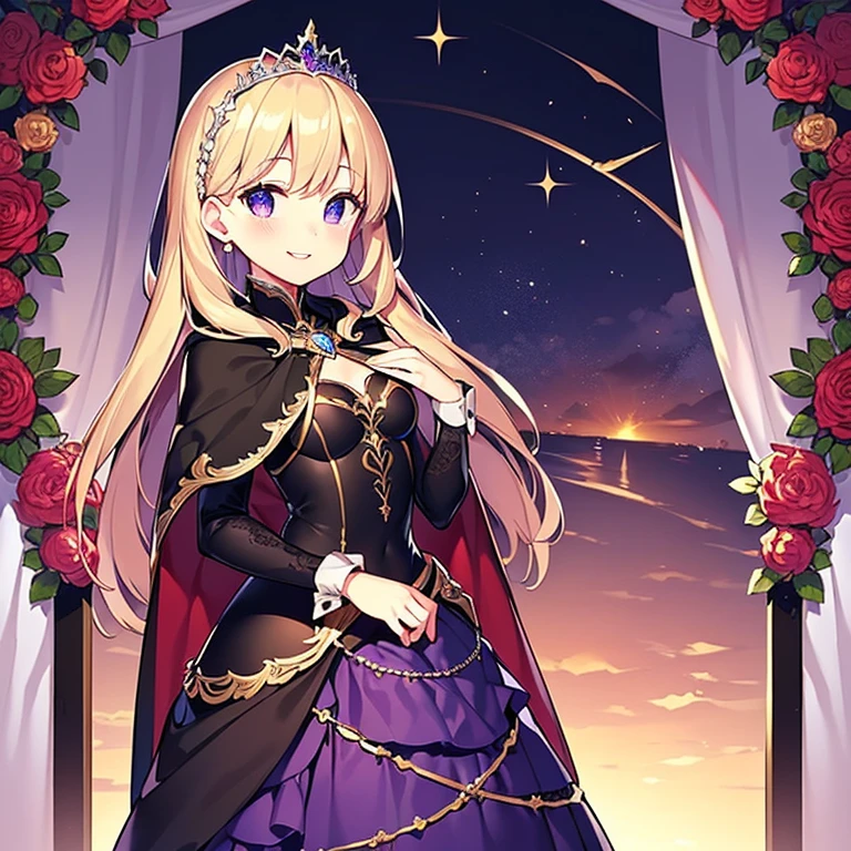 (kawaii),(best quality),(ultra detailed),(rococo style),(long train dark violet cape:1.15), very long cape,(long train dark violet ball gown with flower decorations:1.1), a girl is wearing a cape over her gown, 1 little princess, tiara, smile, very long hair, small breasts, beautiful detailed eyes, beautiful detailed lips