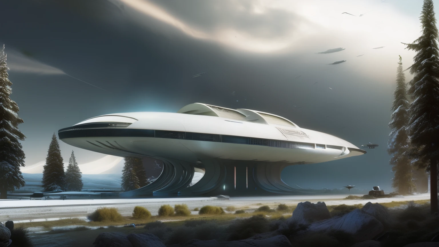 PLANETA HELADO, h.R. Arte conceptual de Giger para Alien, varias ilustraciones sobre planeta blanco, congelado, alejado de las estrellas, tormentas de nieve, nave espacial vuela entre el viento y nevada fuerte, hyper realistic image high resolution HDR, UHDR, 16K, professional cinema lighting, ((CUBIERTO DE NIEVE)), ((PLANETA CONSUPERFICIE INTRNCADA, COLONIA EN MEDIOS DE ROCAS DE HIELO ESCARPADAS))