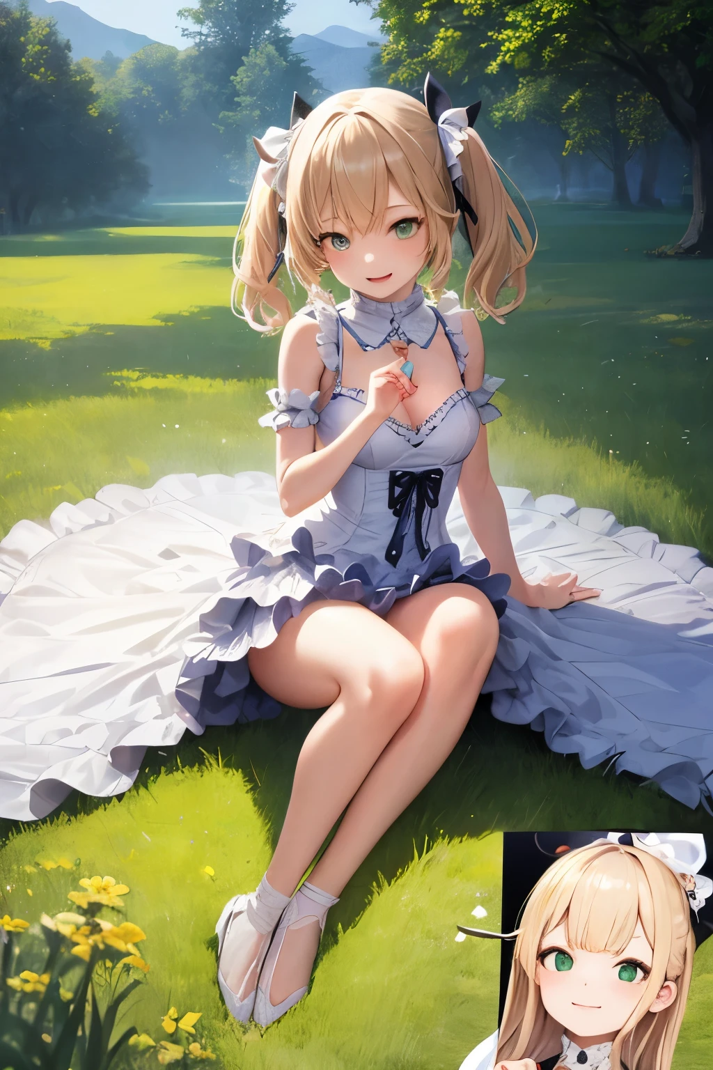 top-quality、8K Masterpiece、Draw the face in detail、1 childish girl、Lolita costume、Full body、kawaii pose、professional lighting、Happy expression、Shiny hair、perfect anatomy、In a green meadow