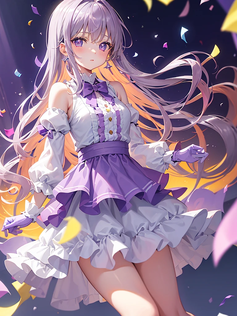 official artwork, anime visual of a cute girl, beautiful anime, pastel colors:1.5, lens flare abuse:1.4, sunlight:1.7, idol, , 14-yo,
1girl, long hair, Glowing light blonde-orange hair, wavy sidelocks, Blue pupils, twinkle in the eye, sweet girl, the whole thing is shining, big eyes:1.8, White short dress, frills, see through, shortsleeves, pink layered skirt, light-pink knee boots, (light pink gloves), pink sash, (Purple-silver earrings:1.6),
blurry background:1.4, (flare, backscatter), bokeh, depth of field, light particles:1.7, ((colorful confetti:1.2)),