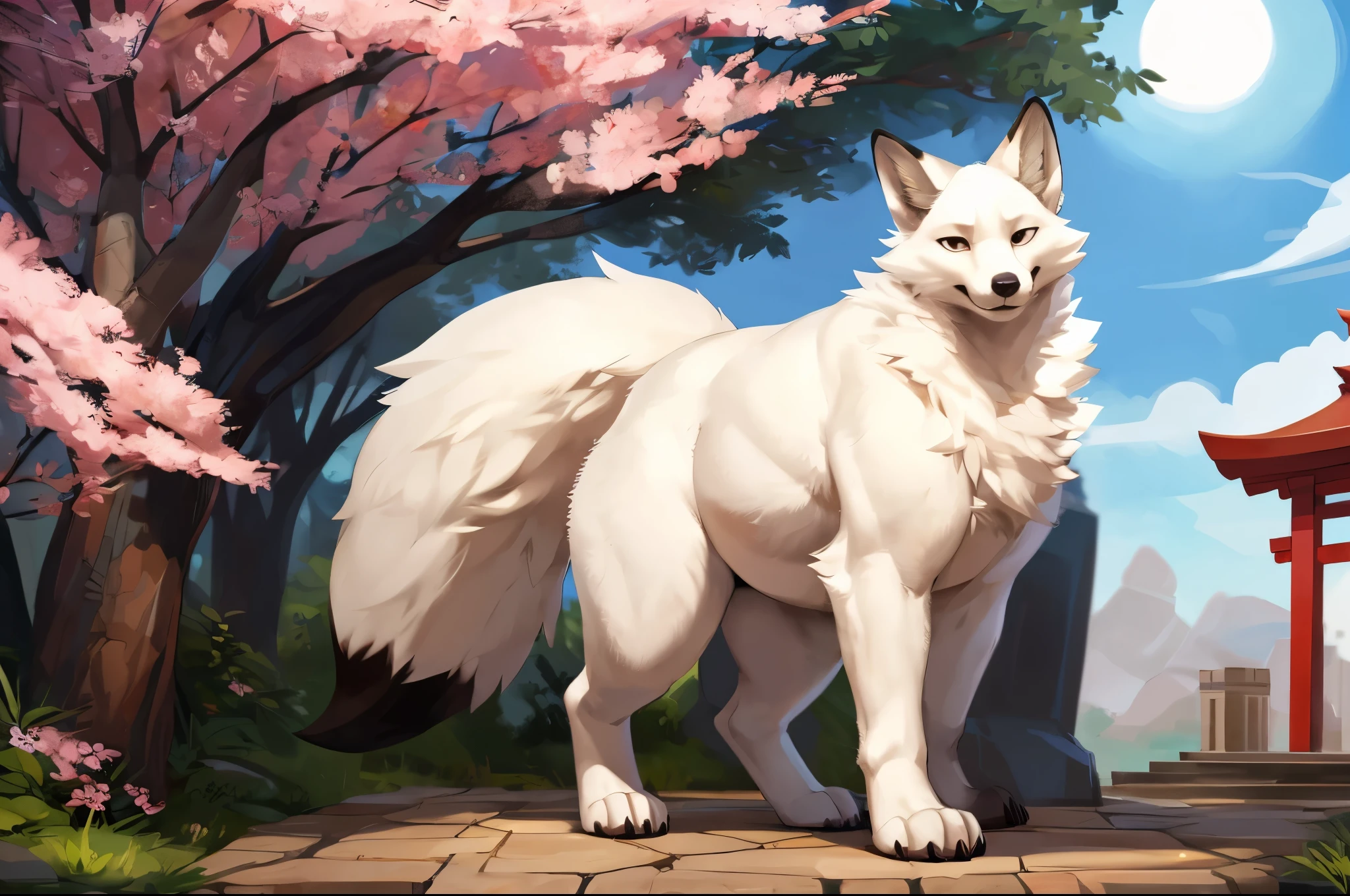 4k ultra quality, 4k full body view,(ultra high detailed body),(feral fox),by mystikfox61, by glitter trap boy,feral paws, by bebebebebe,by morethreedee, by seibear,(thick thigh),(chubby thigh),thicc thigh,thick legs,chubby legs,thicc legs,massive butt,enomorous thigh,massive thigh,massive legs,thick lower legs,wide legs,(detailed thigh),(wide thigh),fluffy belly sharp nails,((sfw)),(ultra detailed face),detailed eyes,big tail,fluffy tail,(detailed tail),enomorous tail,bigger tail,huge tail,volumetric light,muscle legs,big paws,(thick paws),fluffy paws,furry paws,enomorous paws,(animal focus), beast,(bigger lower body),strong lower body,(long legs),front view,master works, super fine, 4k resolution, high quality,high picture detail,dark fantasy,illusory engine, Masterpiece,dire fox,feral belly,faint lighting,sakura,shrine,white fox,white fur,huge fox