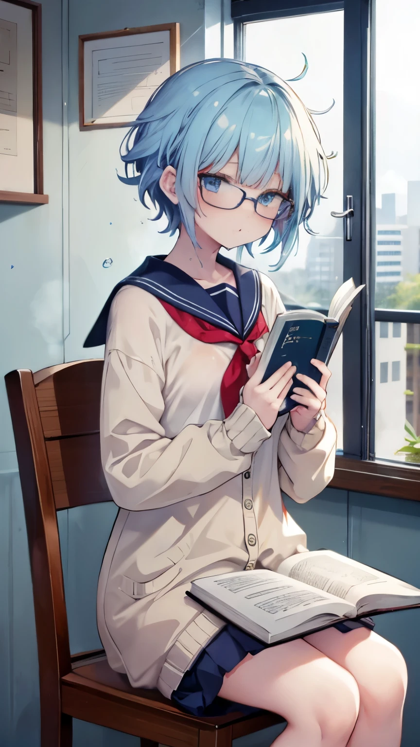 ,girl,best image quality,,blue hair,,blue eyes,glasses,white skin,,short hair,straight hair,half eyes,,wet with sweat,cardigan,sailor suit,Cafe,coffee,sit in a chair,Reading,Book,small,