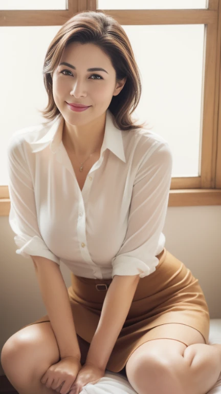 ((photograph))、((real photo)), (masterpiece, highest quality),hot ((mature woman)),sitting on the bed in the bedroom,wide hips、big breasts,saggy breasts, (slicked back hair), White collared blouse、Only the top button is undone、the chest is hidden、long skirt、 smile, face-to-face audience, cupboard, stove, window, Japanese、((plump 1.8))、(((plump mature woman1.4)))、((big breasts1.8))、bbw, eyes half closed、 Put your hands together and place them between your thighs、gentle smile、Brown hair semi-long hair、