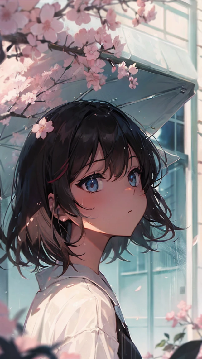 Product illustration of a girl in the rain,Only cherry blossoms