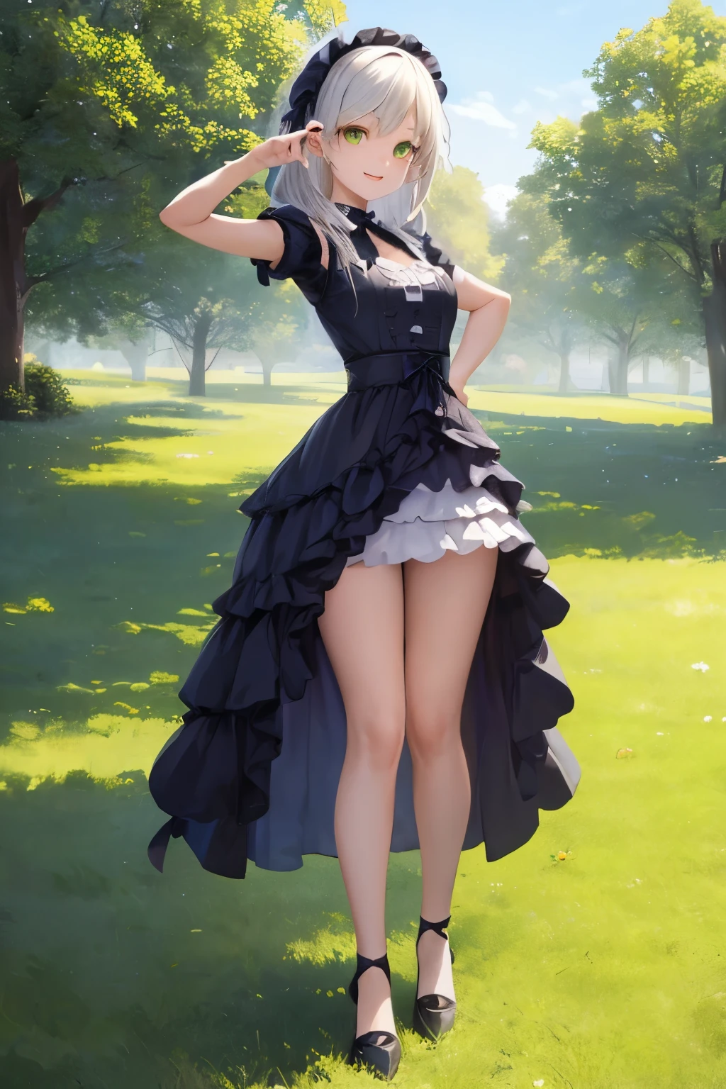 top-quality、​8K Masterpiece、Draw the face in detail、1 childish girl、Lolita costume、Full body、kawaii pose、professional lighting、Happy expression、Shiny hair、perfect anatomy、In a green meadow