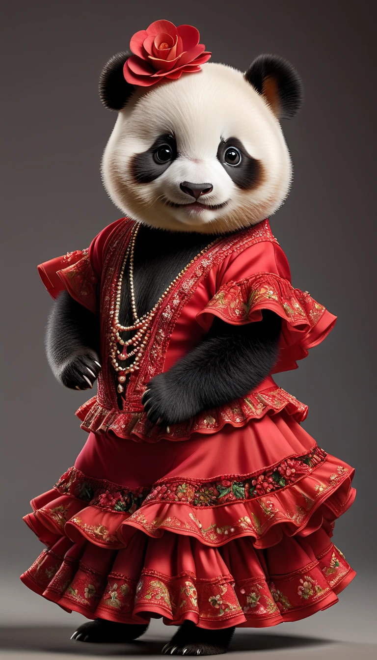Photorealistic portraits of animals wearing clothes - a chubby baby panda flamenco dancer,( Flamenco poses), high quality,(charming) ,intricate details, Very detailed ((flamenco costume)) ,Very detailed dress,, (happy), studio lighting,(full body image:1.5)