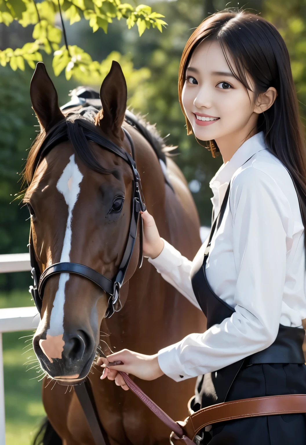 (masterpiece, best quality:1.1), (8k, raw photo, photo realistic:1.2, f22), (shiny skin), detailed skin, long hair,detailed face, detailed eyes, smile,BREAK, real world, intricate details, smil, BREAK, 1girl, (white shirt), BREAK, (horse riding:1.4), BREAK