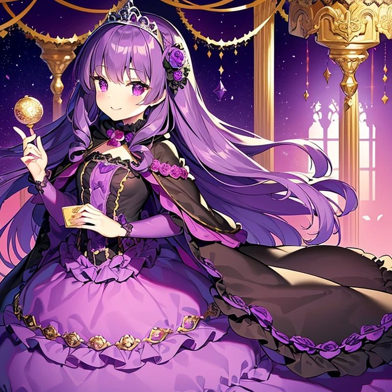 (kawaii),(best quality),(ultra detailed),(rococo style),(long train dark violet cape:1.15), very long cape,(long train dark violet ball gown with flower decorations:1.1), a girl is wearing a cape over her gown, 1 little princess, tiara, smile, very long hair, small breasts, beautiful detailed eyes, beautiful detailed lips
