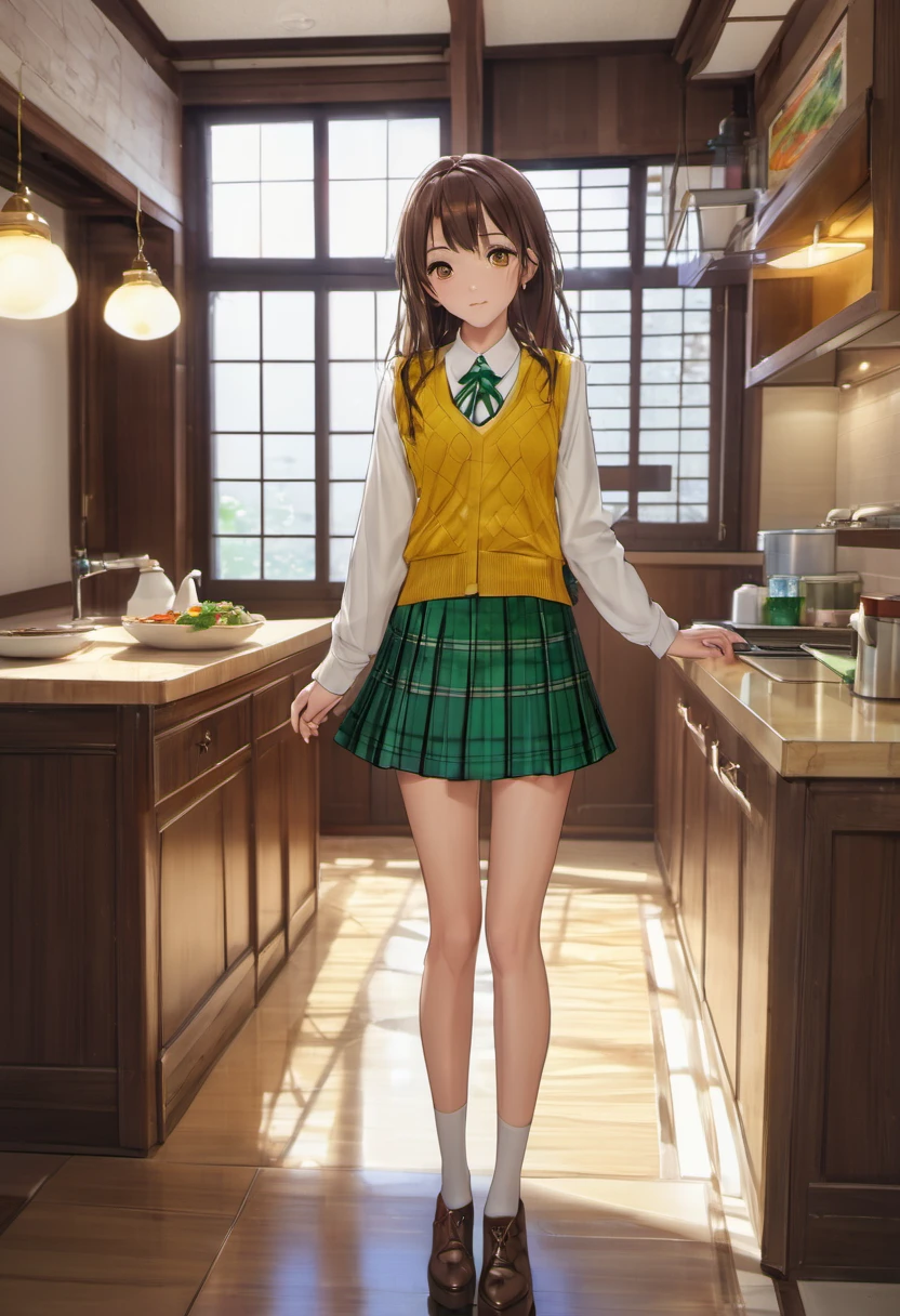 (masterpiece, highest quality:1.2), 1 girl, alone,Are standing_Split, food yuuki, brown eyes, brown hair, hair ornaments,long hair,green plaid skirt, Sainan High , , white shirt, Yellow sweater vest,No panties