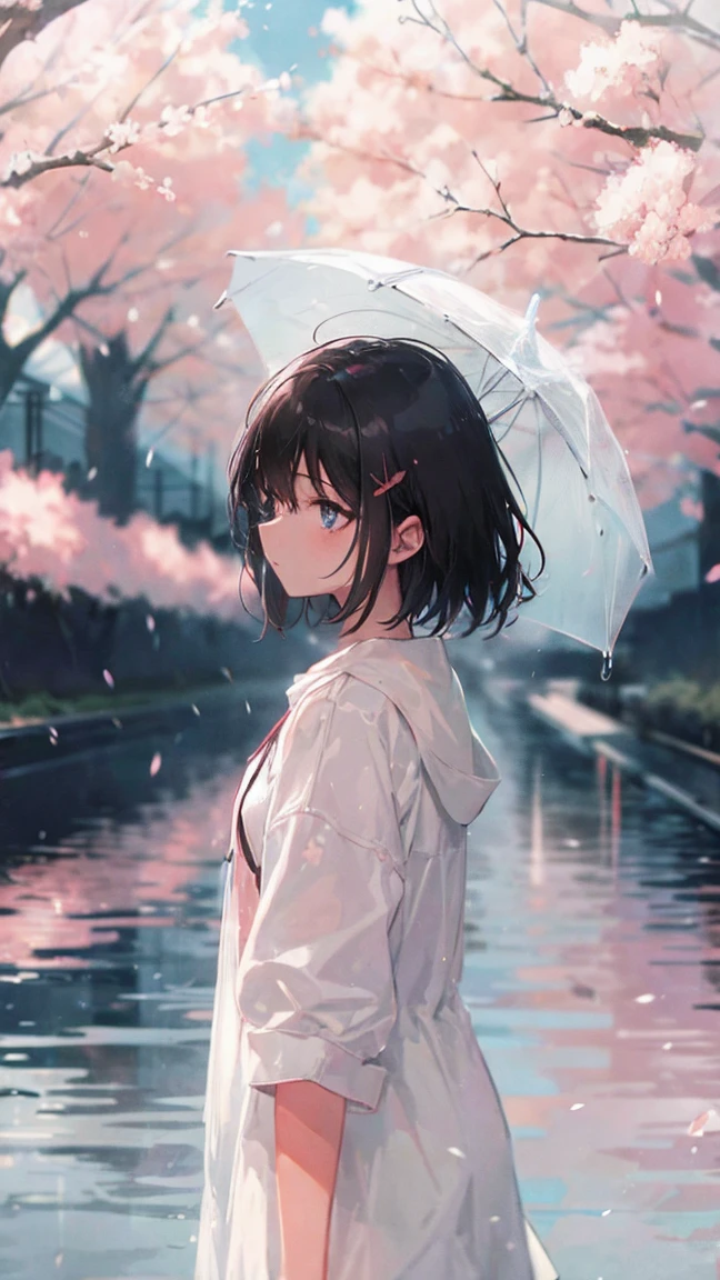 Product illustration of a girl in the rain,cherry blossoms,bright skin