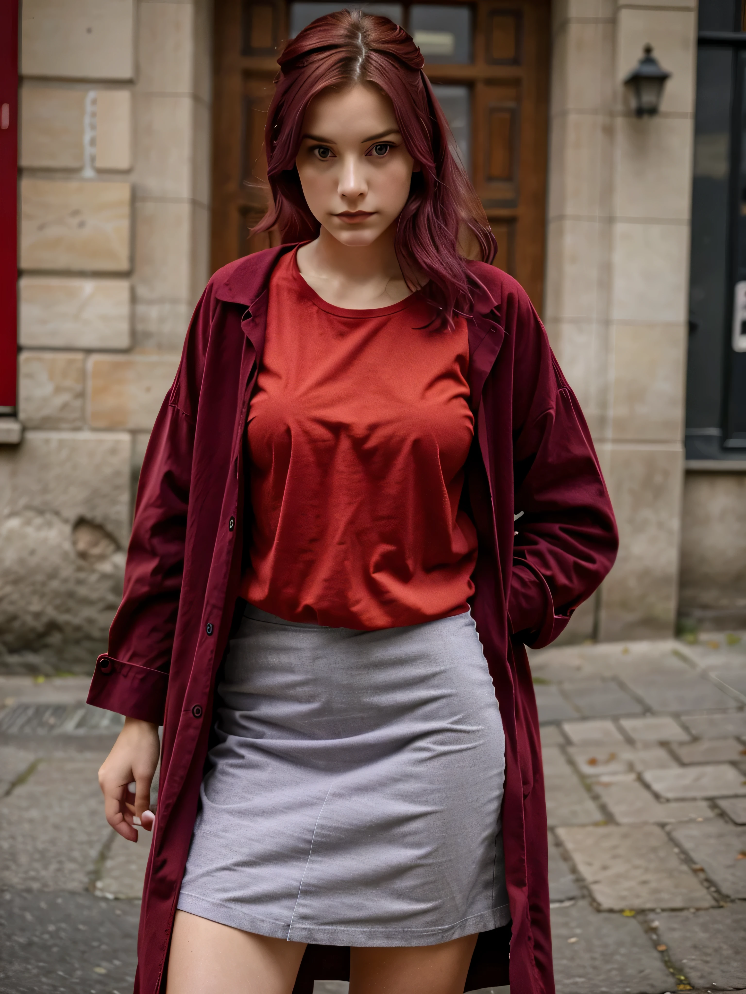 jeune fille de 20 ans au cheveux tres long violet avec une veste ROUGE, habiller en ROUGE, vetue de ROUGE, OUTFIT RED, une tenue rouge, tshirt rouge RED rouge, habiller rouge mode, robe rouge, tenue vestimentaire rouge